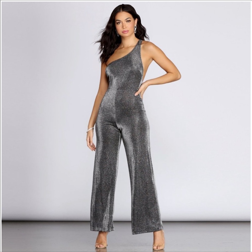 Windsor Silver Glitter Knit One Shoulder Jumpsuit Size Small